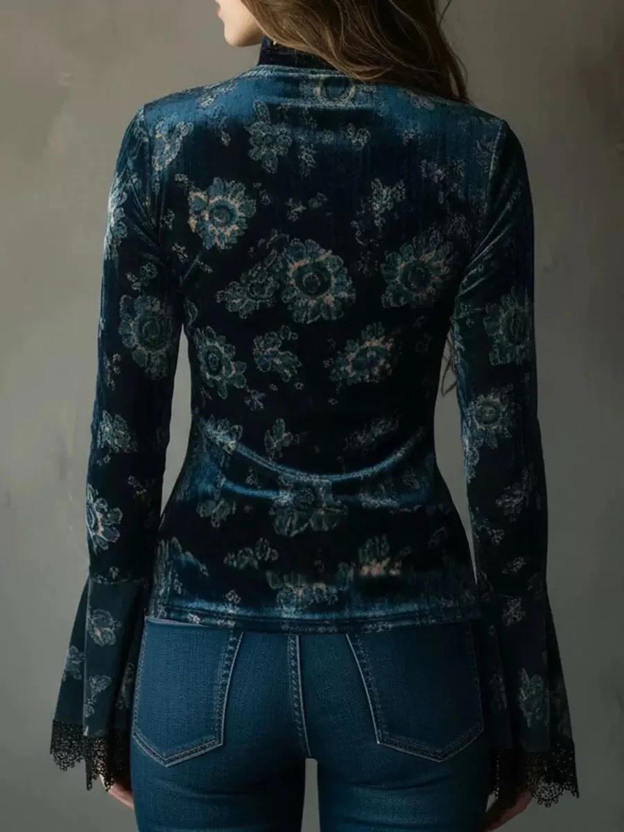 Ladies Elegant Velvet Shirt Lace Splice V-Neck Long Sleeve Bell Sleeve Sweater Elegant Top for Women