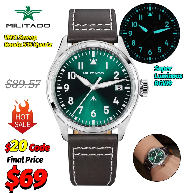 

Militado New ML21 Quartz Watch Man 4 Color Dial VH31 Ronda 515 Sapphire Crystal AR Coating Luminous 100M Waterproof Wrist Watch