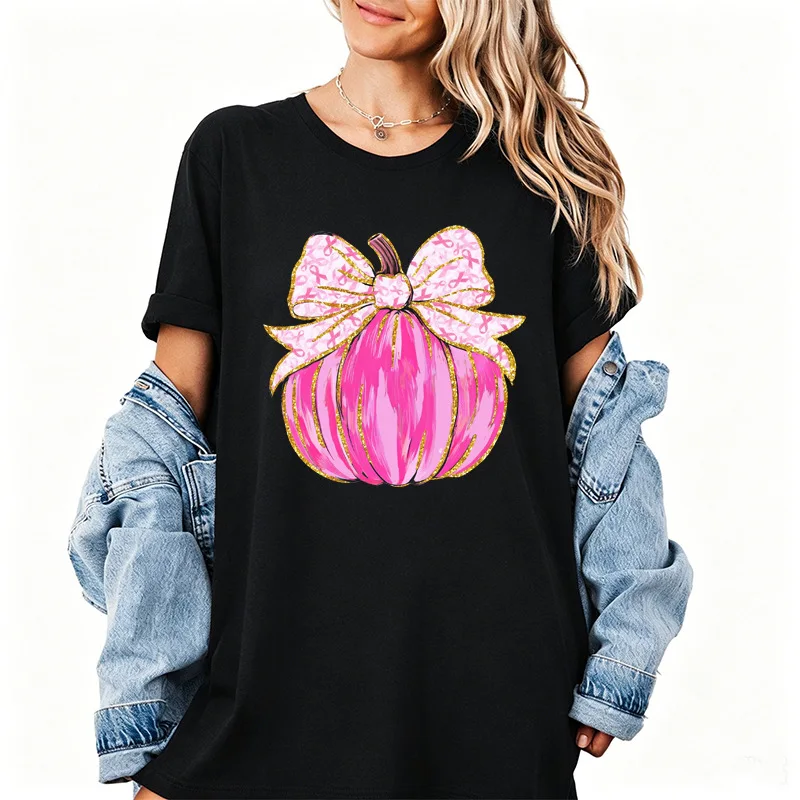 Pink Pumpkin Pink Ribbon Leopard Bow Glitter Art Print Graphic Womens T Shirt Short Sleeve Crew Neck Casual Ladies Tee Tops