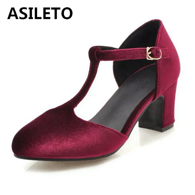 ASILETO Big size 44 45 46 strap sandals women wedding Shoes Buckle flock closed toe satin pumps shoes summer spring footwear