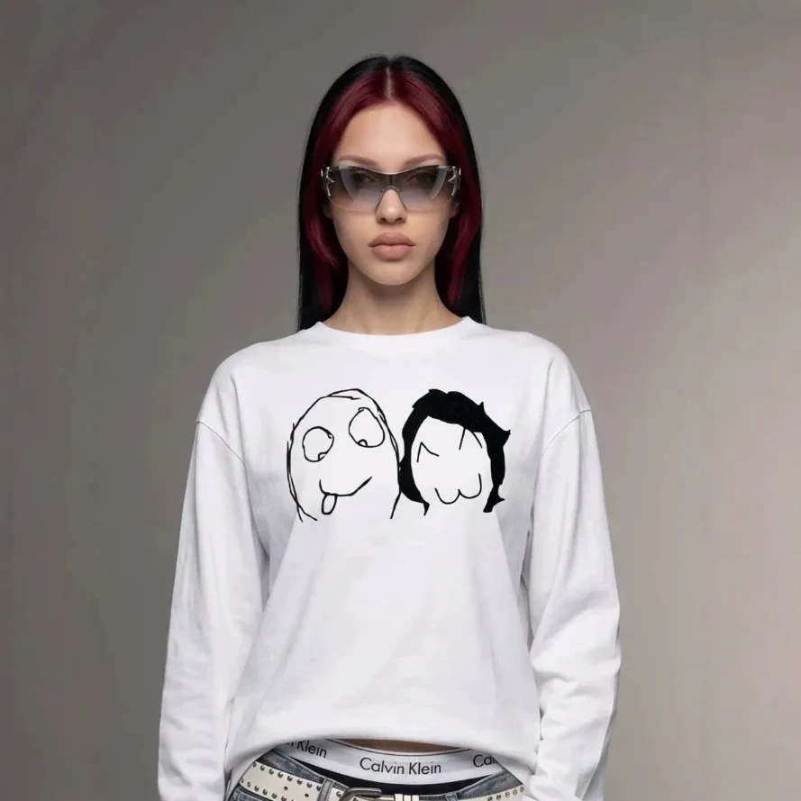 Long Sleeve T-Shirt Sketch Two Weird Couple Doodle Face Graphic Crew Neck Drop Shoulder Loose Fit 100% Cotton Alt Grunge E-Girl