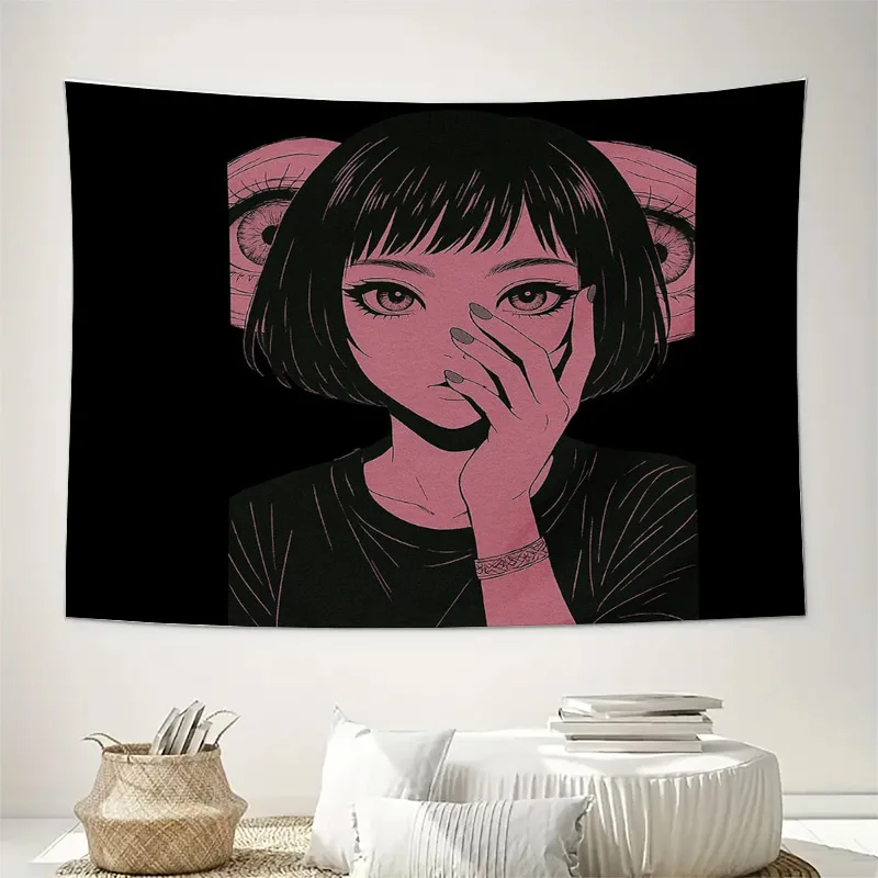 Anime Girl Tapestry Wall Hanging Aesthetic Room Decor Gothic Vaporwave Japanese Art Home Decor Bedroom Living Room Wall Art Gift