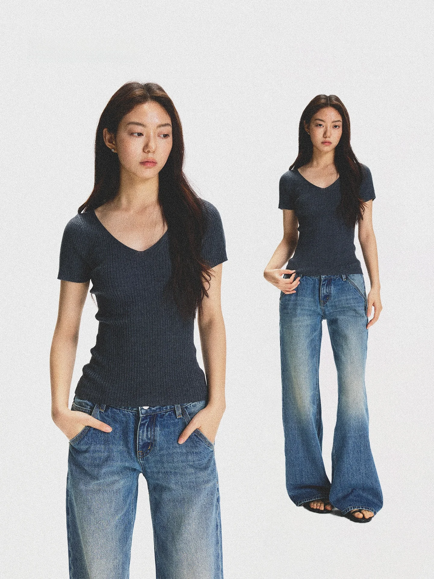 

UnderStress Slim Fit V-Neck Short Sleeve Knitted T-Shirt Casual Style Deep Grey Simple Fashion Wool Blend Knitted Top