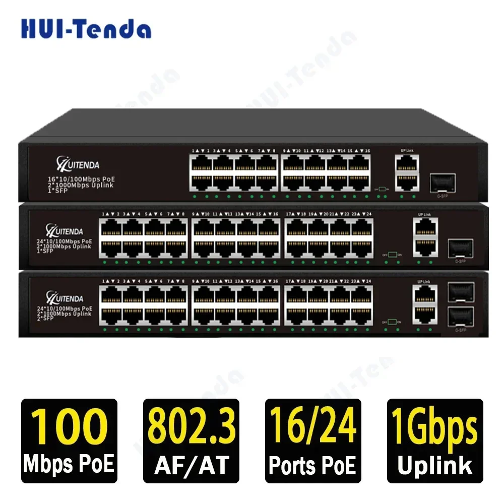 huitenda switch ethernet com porta uplink e porta sfp rede ethernet vlan rj45 para camera ip nvr 2x1 16x24x100mbps 01