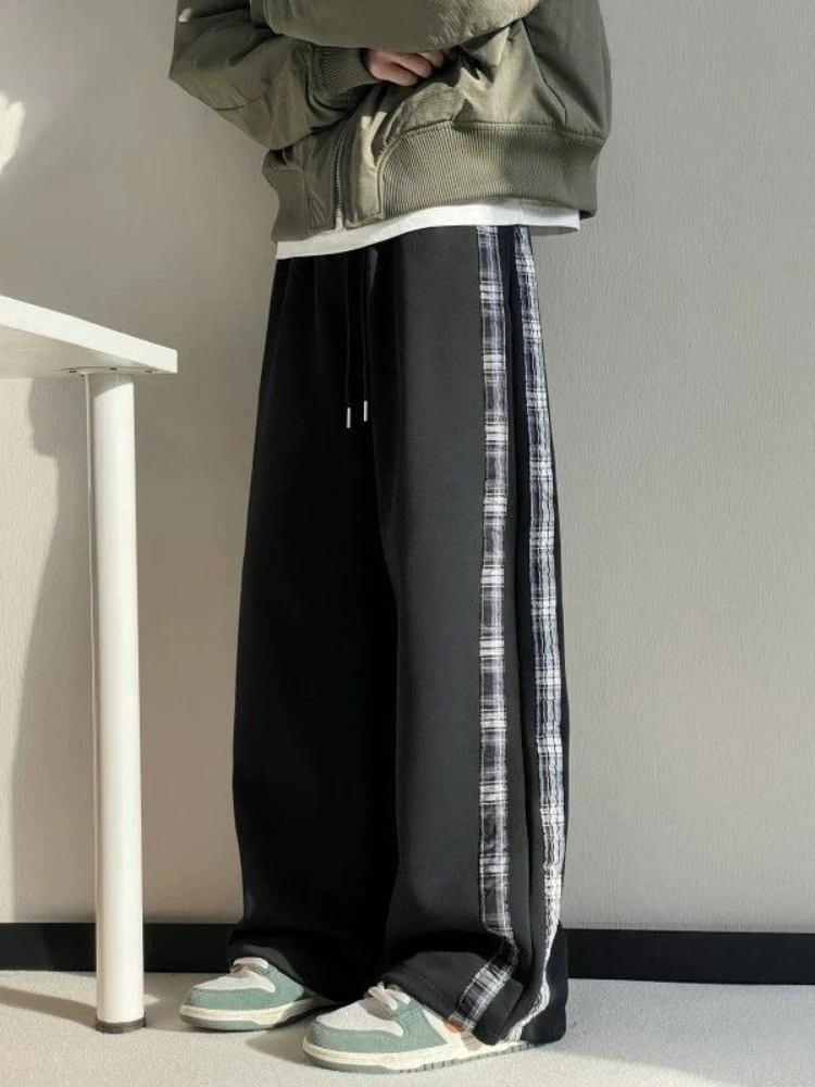 Splicing Plaid Men's Sweatpants Loose Sport Elegant Autumn Winter Trousers High Quality Retro Casual Korean Male Sports Pants