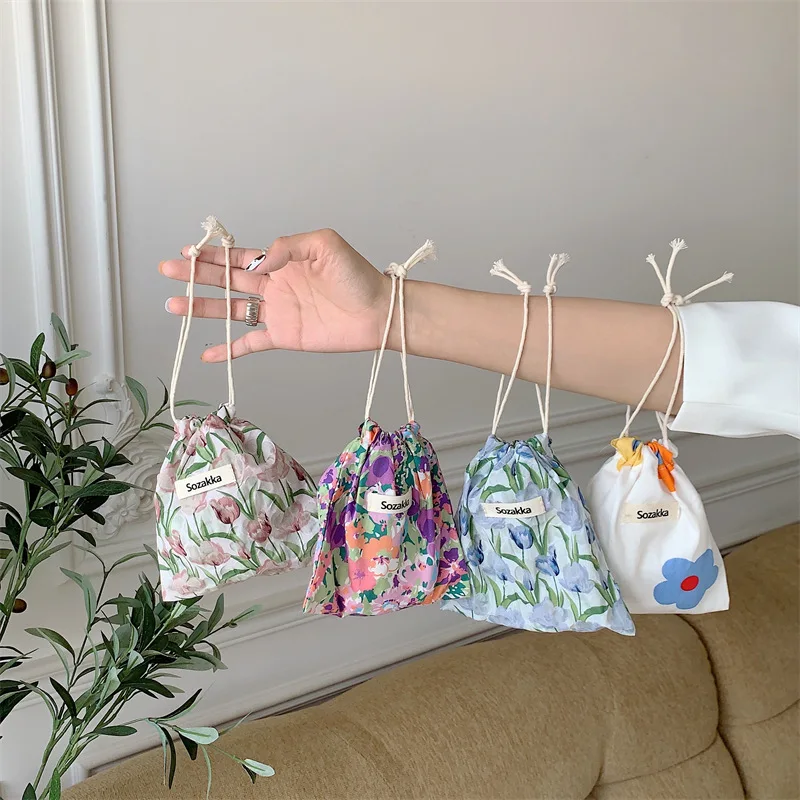 Printed Cotton and Linen Drawstring Pocket Small Cloth Bag Sundries Underwear Travel Gift Flower  Storage Bag Case