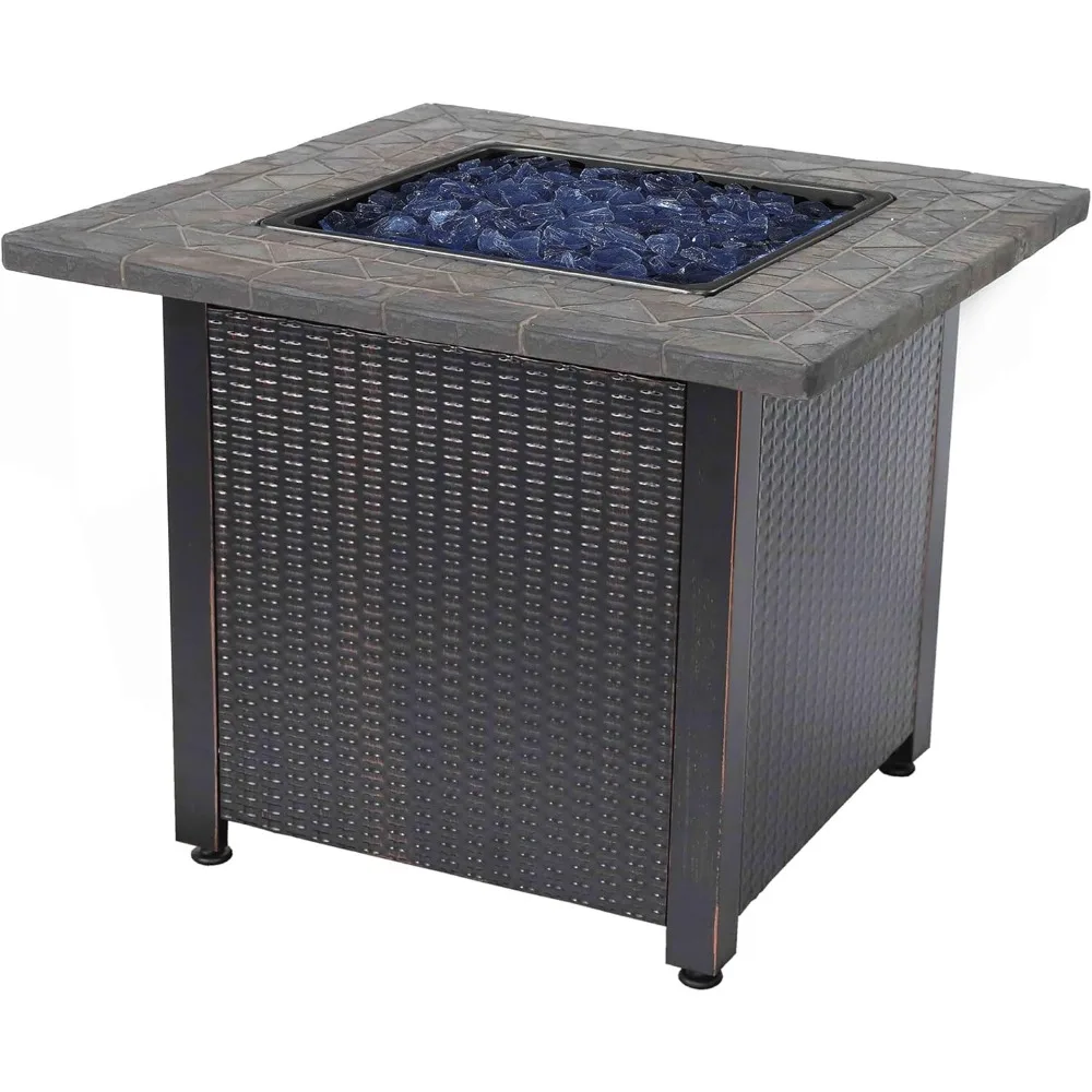 

30-Inch Square 30,000 BTU Propane Outdoor Fire Pit Table with Resin Mantel, Steel Base, Blue Fire Glass