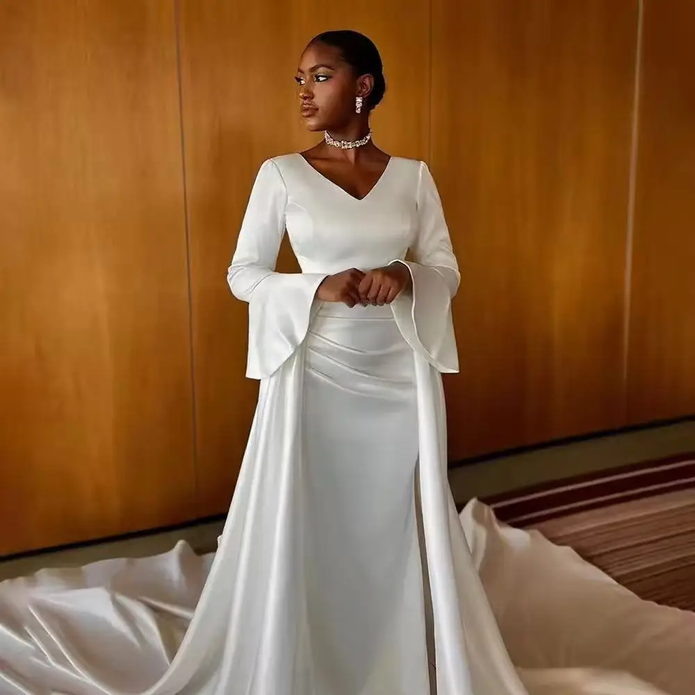 

Exquisite Muslim Wedding Dresses V Neck Bride Dresses Long Sleeves Satin Wedding Gown vestidos De Novia Customized