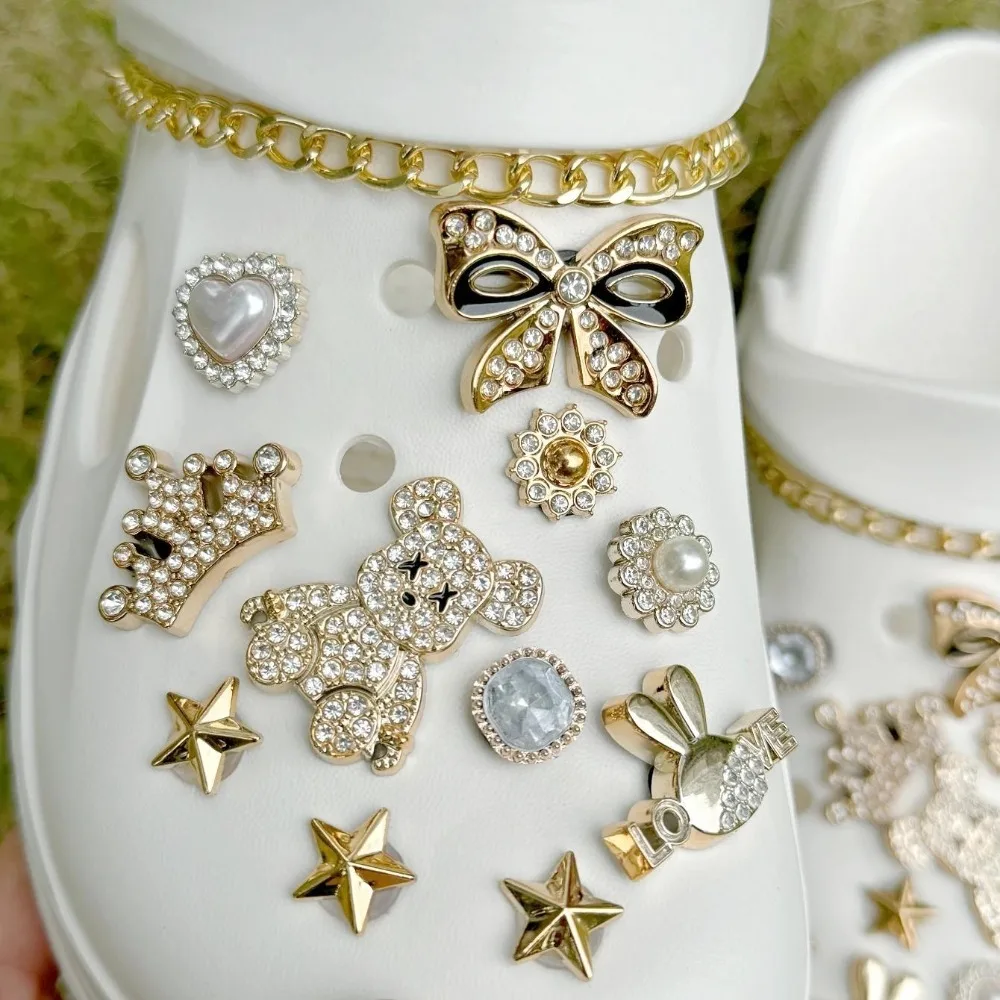 24PCS Luxury Design Shoe Charms Set Accessories for Clogs Shoe Buckle Gold Plated Bear Rhinestone Bow Chain DIY Shoes Decoration image 4