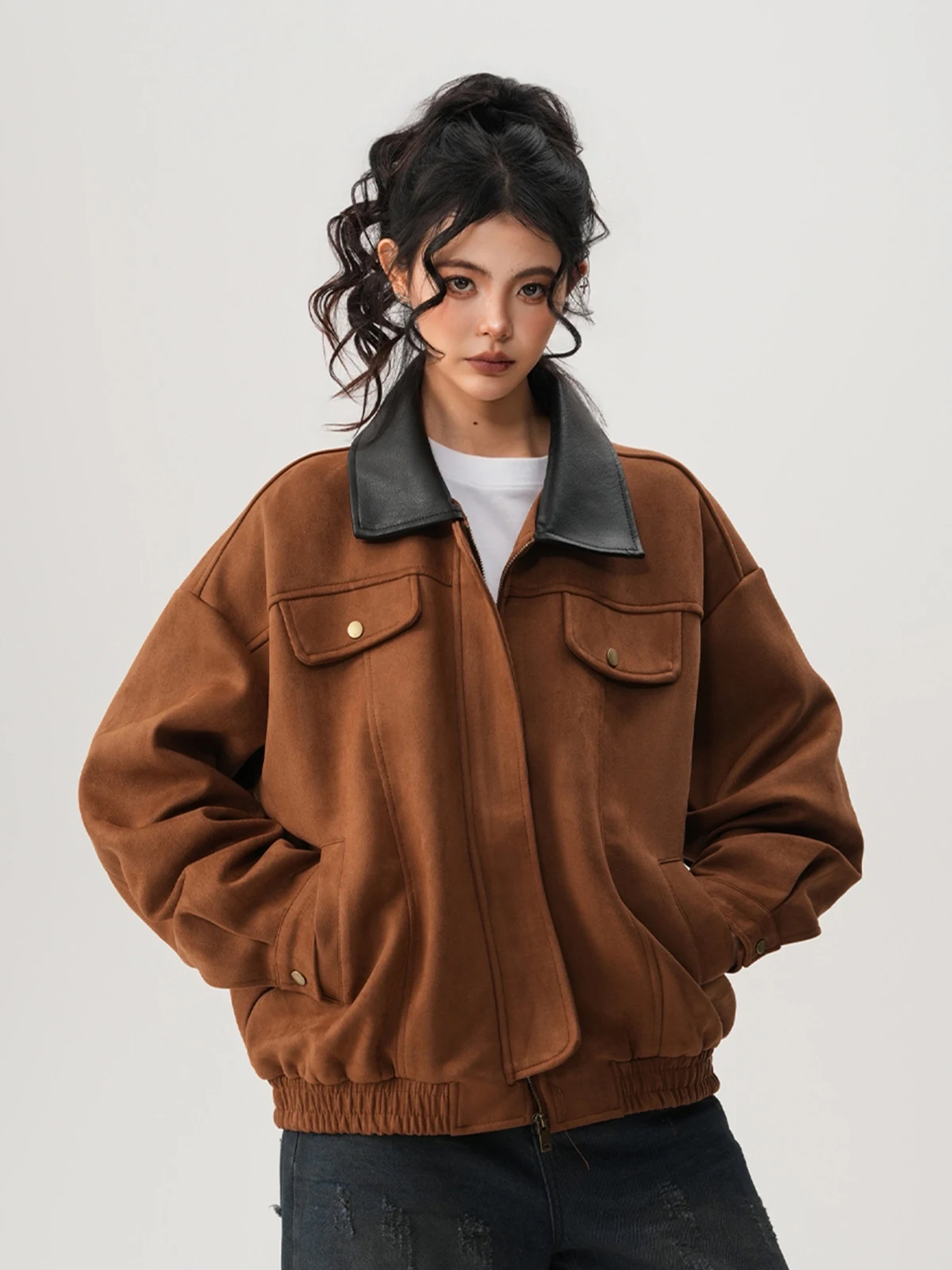 Damen Lederjacke Herbstmantel Vintage Motorradjacken Y2k Mustang Mäntel Harajuku Schwarz Goth Outfits 2000er Winter Oberbekleidung