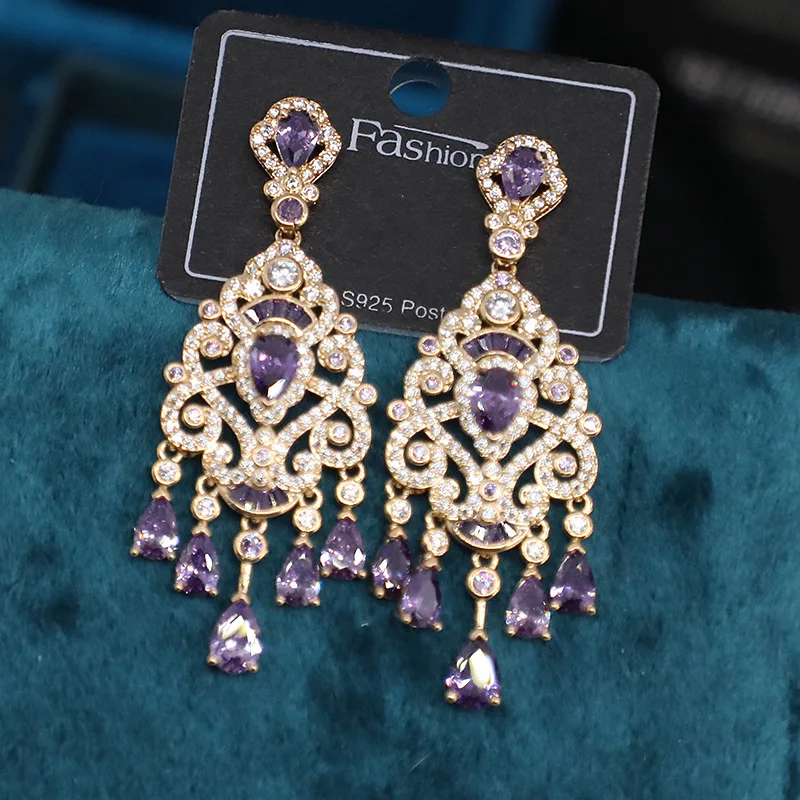 Bilincolor Micro Set Zircon Palace Droplet Tassel Earrings for Women