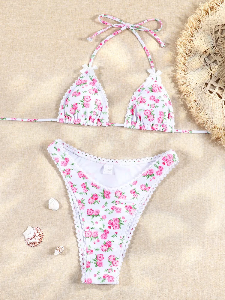 Bandage Bikini Sets Halter Swimwear Sexy Swimsuit Women Bow Bikinis Low Waist Bathing Suits Print Biquini Triangle Beachwear