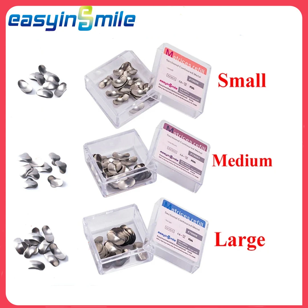 Aço inoxidável Dental Metal Matrizes, Matrix Bandwidth, secional contornada, Recarga Cunhas para substituição dos dentes, S, M, L, 50pcs por conjunto