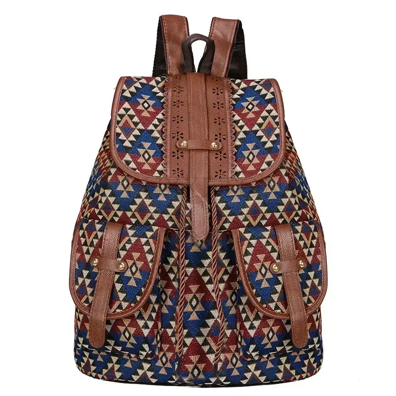 Fashionable Personality Travel Strap Small Backpack School Bag Ethnic Style Pattern Backpack Canvas Women Bag