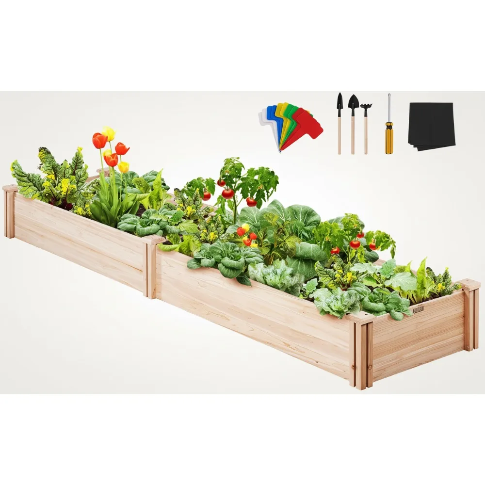 

Outdoor Wooden Raised Garden Bed Planter, 96x24x10in Natural Fir Wood, No-Bolt Assembly for Vegetables Herbs Backyard Patio