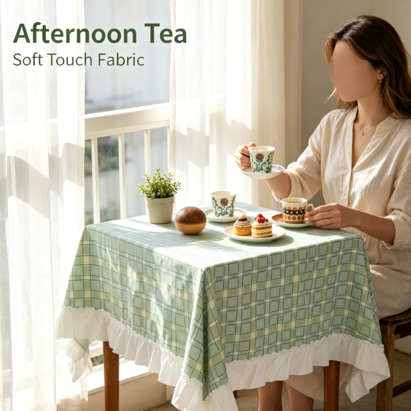 Plaid Cotton Tablecloth With Ruffled Hem And Vintage Green Tone For Dining Room And Kitchen Table Decoration
