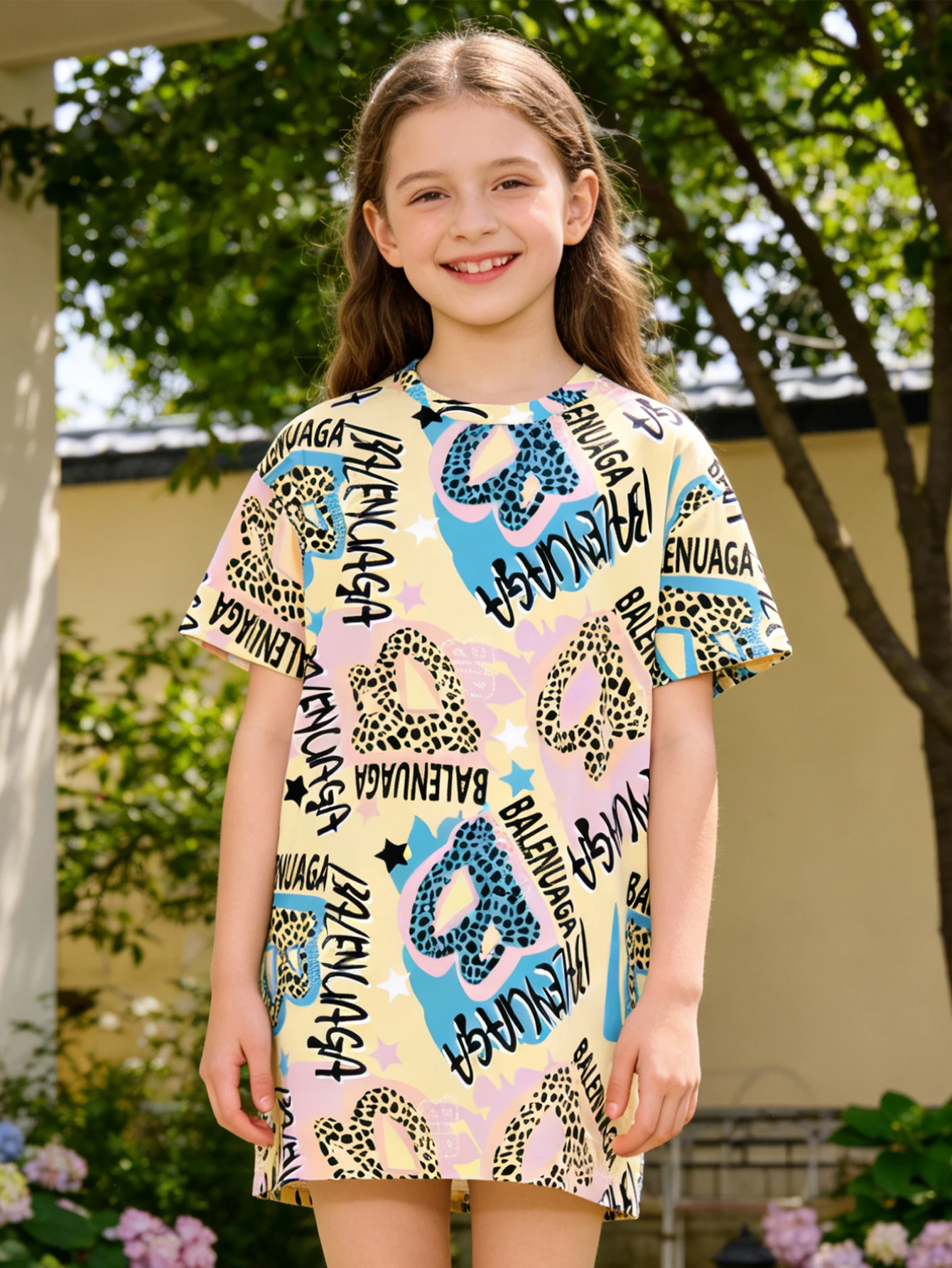 

2026 girls English graffiti print medium and long short-sleeved T-shirt, loose summer casual fashion top