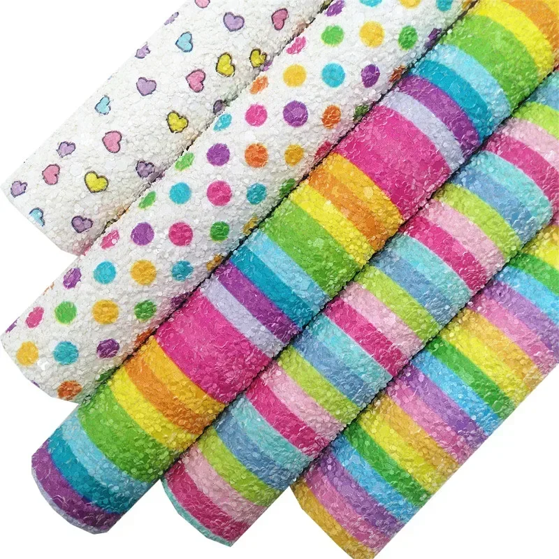 30X134CM Mini Roll Rainbow Stripes Hearts Customized Premium Felt Backed Glitter Faux Leather No Shed Glitter Vinyl Craft W683