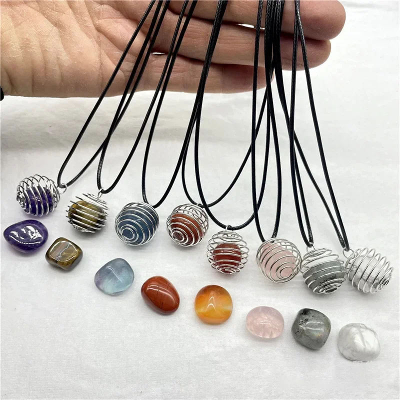 Natural Gemstone Cage Pendants Copper Wire Wrapped Healing Crystal Stone for DIY Jewelry Making Meditation