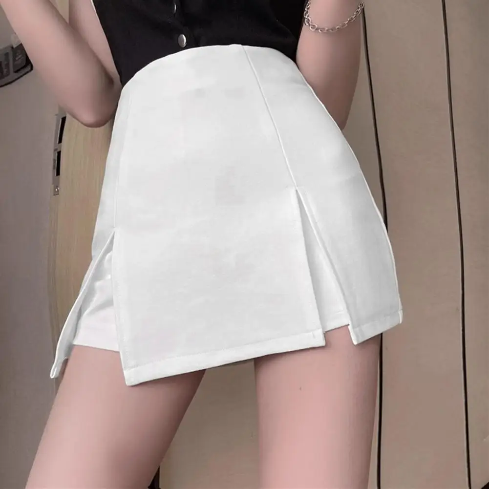 Women Mini Skirt High Waist Side Split Design Solid Color Short Skirt A-Line Design Skort Anti-exposure Pleated Harajuku Skirt