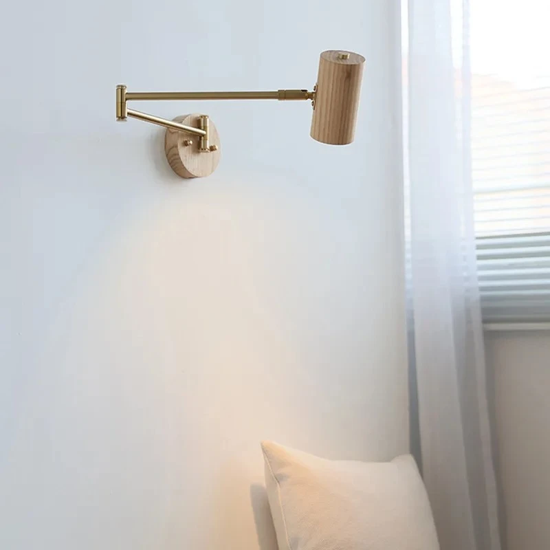 Modern Hotel Wall Lamps Wood Material Body Iron Swing Rotatable Sconce Light Spot Bulb Lustres for Living Room Dining Room