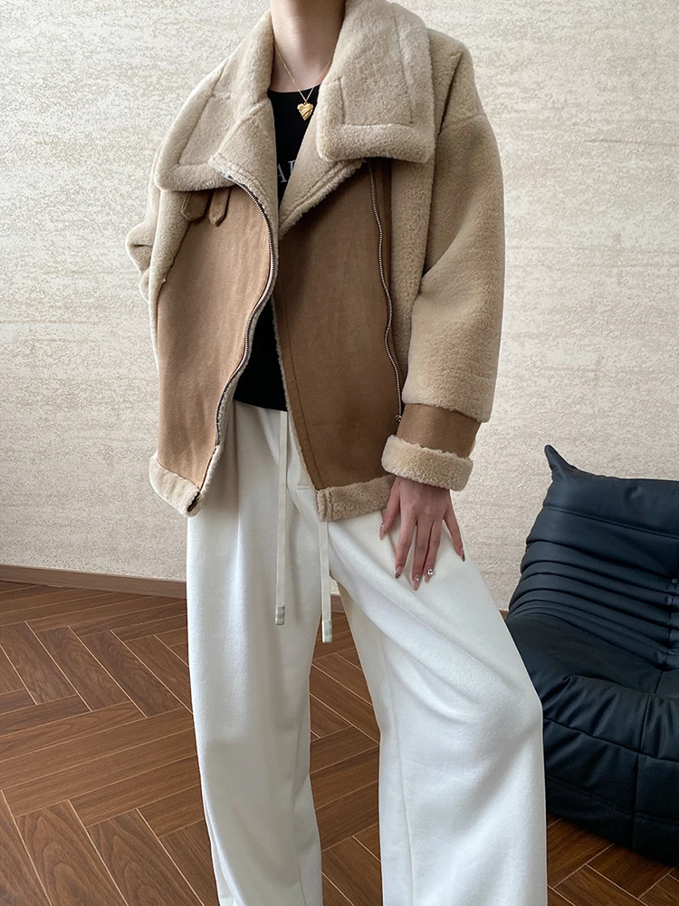 [EAM] Camel Big Size Thick Warm Faux Fur Jacket New Turtleneck Long Sleeve Women Coat Fashion Tide Autumn Winter 2024 1DH7768