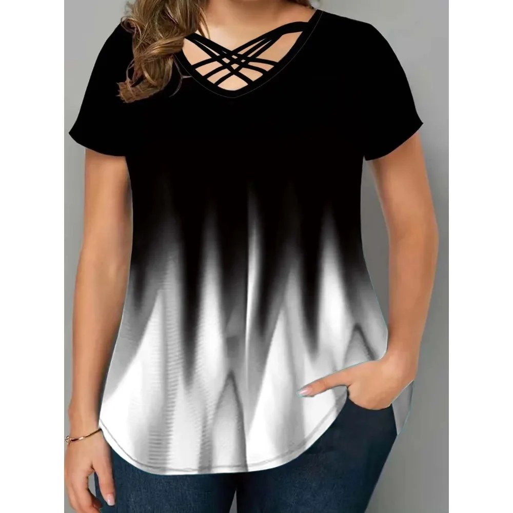 حجم كبير 1XL-5XL المرأة موضة نصف كم تي شيرت مطبوعة التدرج BeltT-shirt المرأة عادية اللون التدرج الخامس الرقبة الصليب قميص