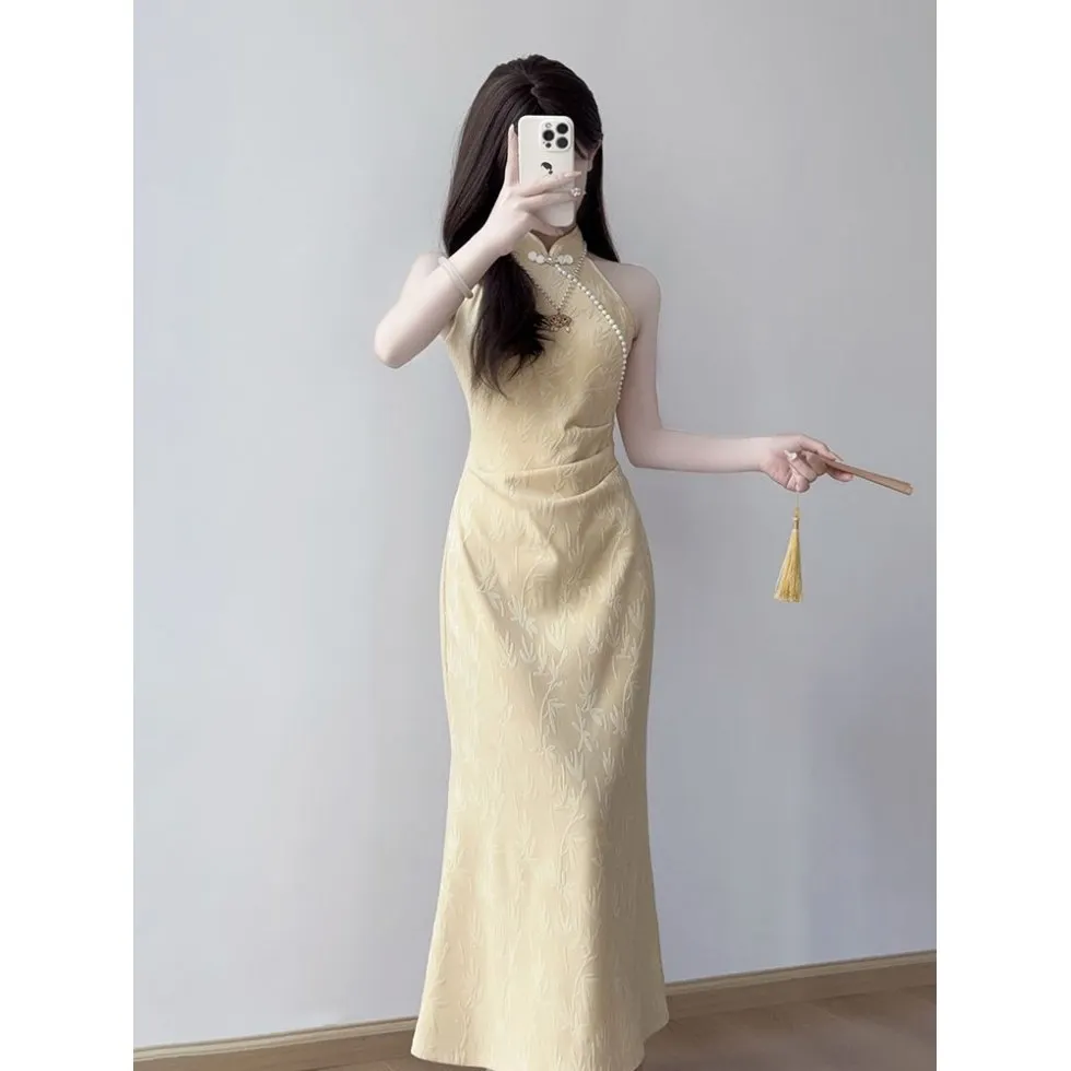 

Traditional Chinese Clothing Summer Cheongsam for Young Girls High End Slimming Mermaid Halter Neck Qipao Party Dress CH-120
