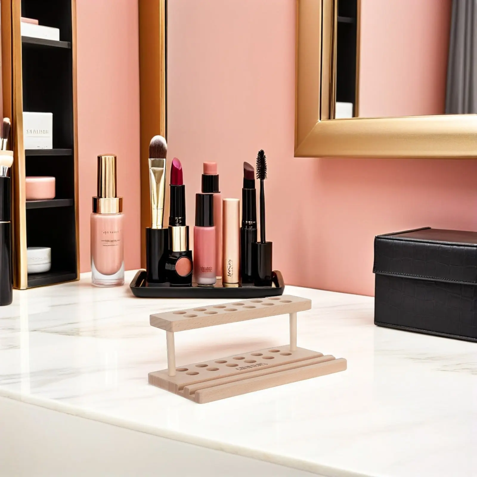 Rustic Wooden Pen Holder Organizer 12 Slot Makeup Brush Dryer with Integrated Phone Stand Desk Vanity Storage Natural Wood - view 6