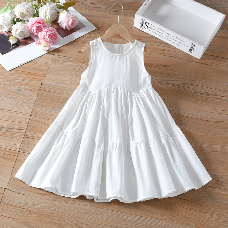 

Girls' Sleeveless Dress, Summer Style, Pure Cotton, White, Can Be Dyed, Tank Dress, Mid-Child, Patchwork, Short in Front and Lon