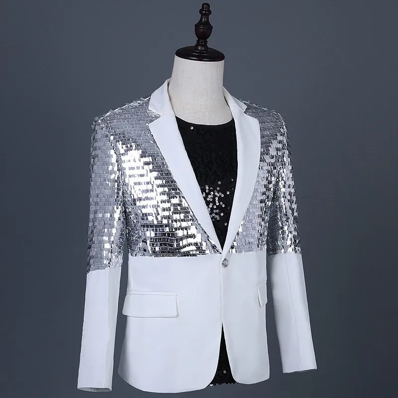 2025 men's silver half-length sequined  blazer, singer banquet guest host magician photography photo  blazer