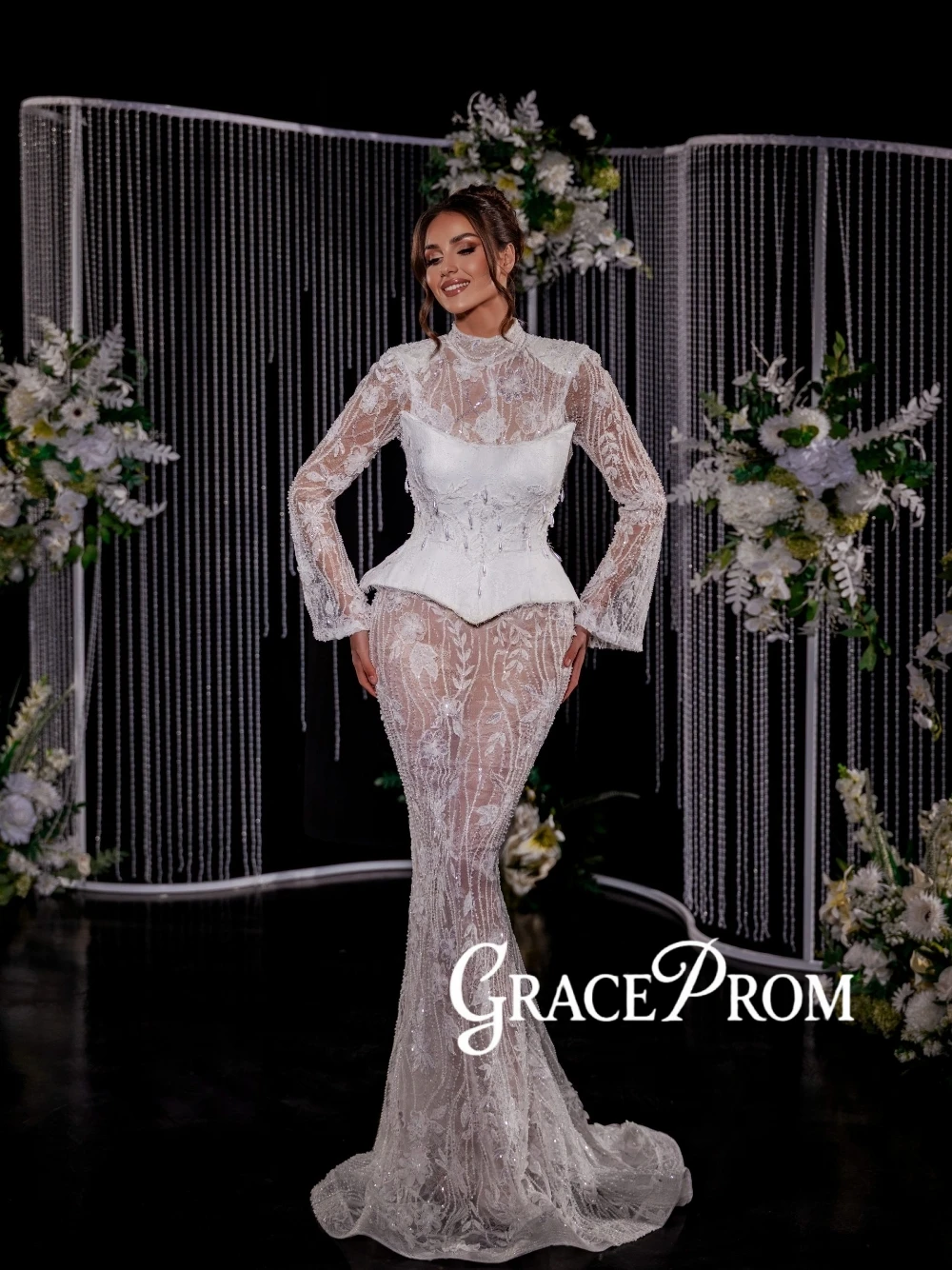 Sexy Sheer Lace Two Piece Wedding Dress Long Sleeved Floral Dazzling Customized Bridal Gown Unique Corset Pearls Bride Wear