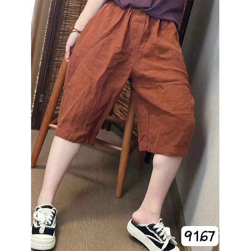 Retro Fashion All-match Solid Color Elastic Waist Wide Leg Pants Summer New Casual Pleated Loose Thin Shorts Women Clothing