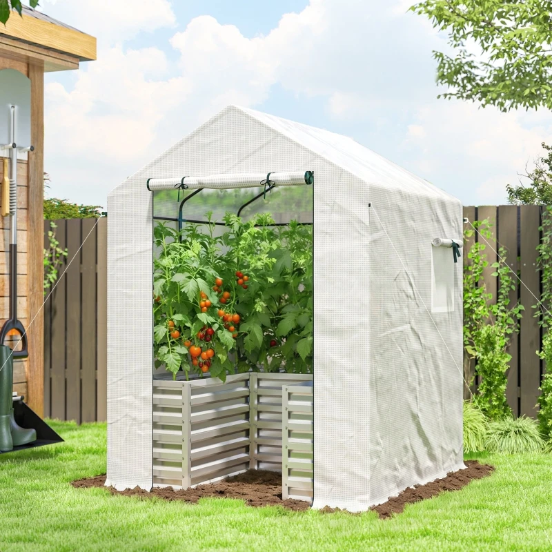 Serre surélevée 2-en-1 – Structure en acier galvanisé + Couverture en PE 135g/m², Imperméable et résistante aux UV, Porte et fenêtre enroulables pour la ventilation – Conception détachable, Piquets de sol et cordes de maintien pour la stabilité – Sol ouvert pour la croissance des racines
