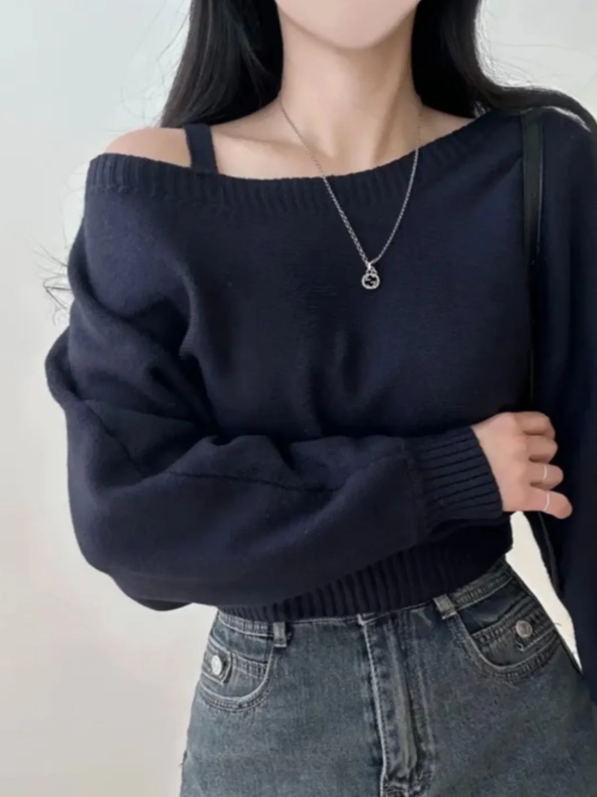

Шикарный зимний вязаный свитер на одно плечо Batwing Sve Long Sve Trendy Commute Sle Свободный крой Pure Color Faionable