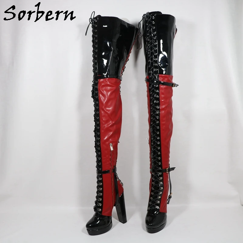 Sorbern Red Shiny Long Boots Women Fetish Style Block High Heel Round Toe Lace Up D-Hooks Crotch Thigh High Boots Female Shoes