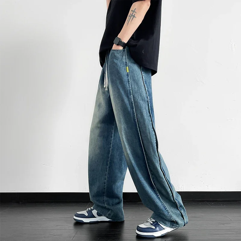 

LIBIELIY Summer Wide Leg Washing Jean Flap Pockets Lightweight Cargo Pants Men Street Trousers Loose Casual Thin Summer Pant Big