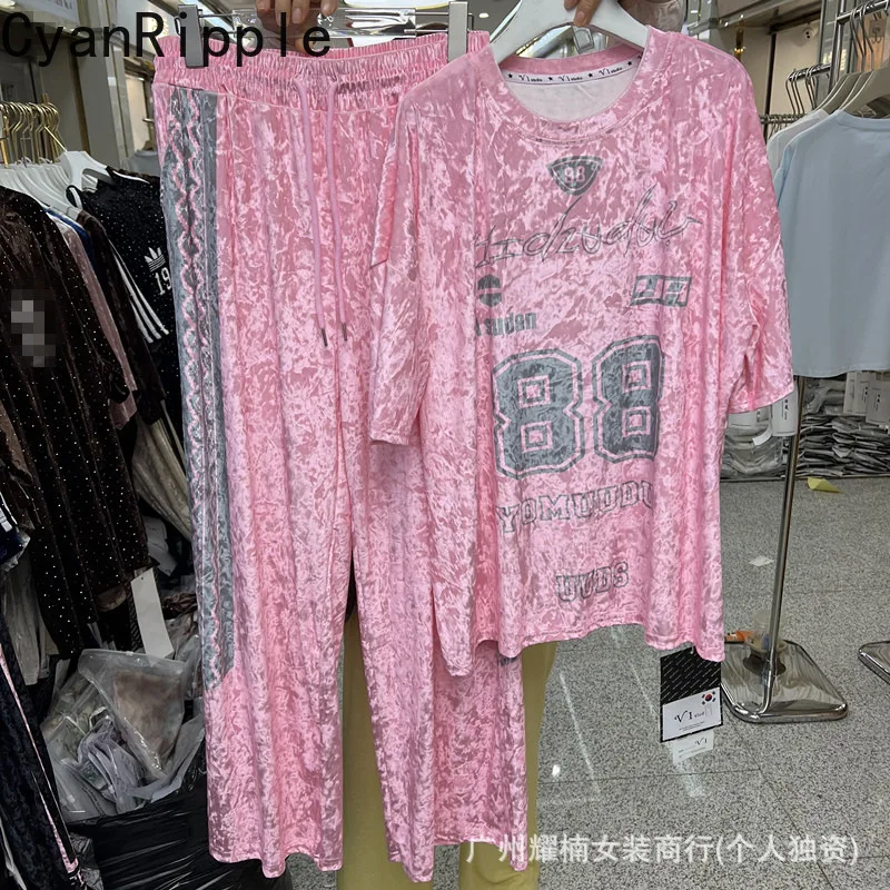 

Fashion Spring Summer Women Two-piece Set Letters Printed Loose Short Sleeve T-shirt Top + Elastic Waist Casual Wide Leg Pants