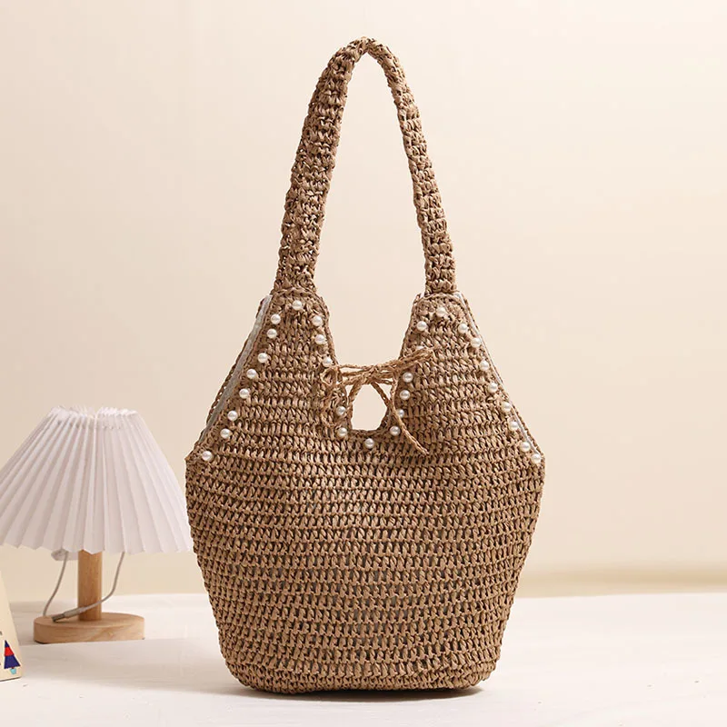 

Summer Bohemian Paper Rope Woven Shoulder Bag Fashionable Pearl Decoration Women's Large Capacity Beach Straw Bag Shopper Tote