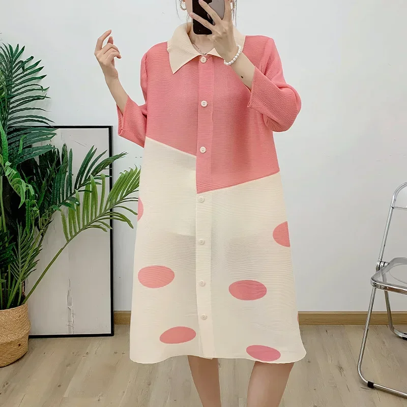 

ALSEY Lapel Polka Dot Pleated Single-breasted Cardigan Skirt Loose Plus Size Shirt Fashion Jacket 2024 Summer New