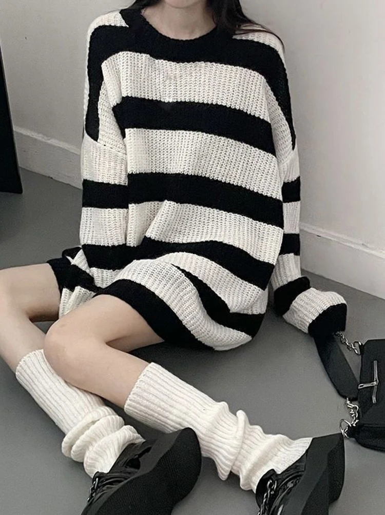 Jmprs Y2K Striped Sweaters Women Gothic Loose Punk Knitted Jumpers Streetwear Harajuku Long Sleeve Vintage Lady Pullovers Tops