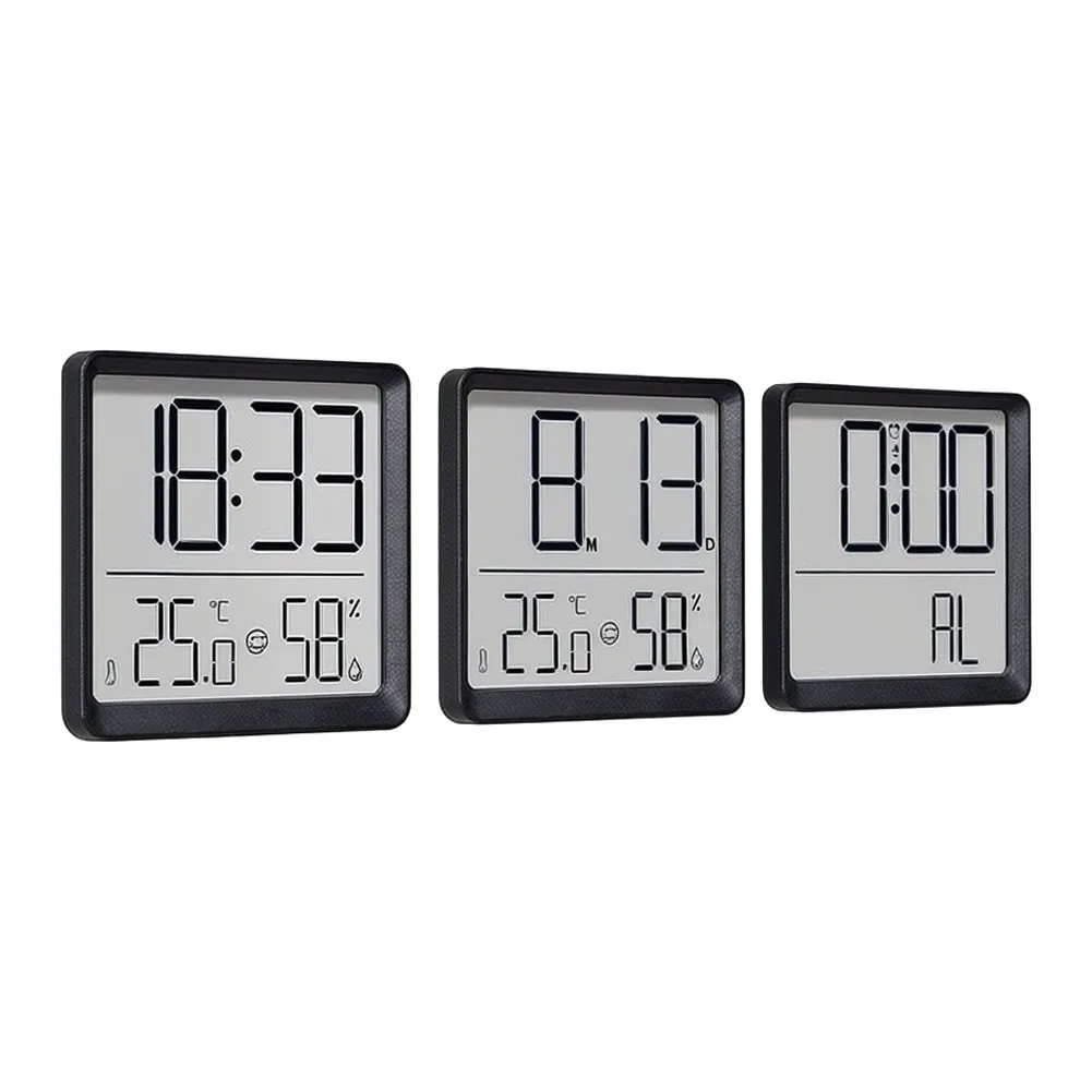 Plastic Digital Thermo-Hygrometer with Clock and Alarm Function for Indoor Use Size 8.3 x 8 cm White or Black Finish