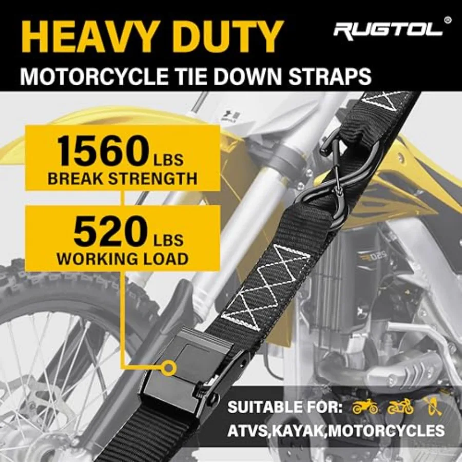 Motorcycle Tie Down Straps, 1.5in x 10FT Cam Buckle Straps with S Hooks Integrated Soft Loops, 1560lb Break Strength Heavy Duty