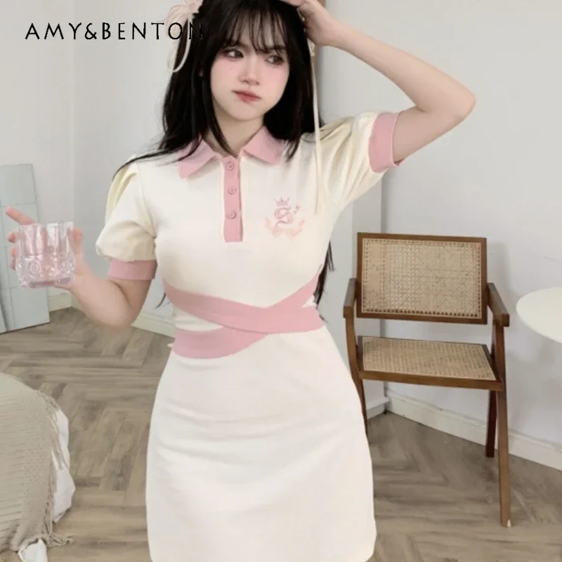 2024 New Japanese Jk Uniform Sweet Wind Summer Black Pink Color Matching A Line Waist Thin Fashion Versatile Cute Dress For Girl