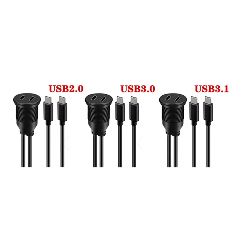 

USB Type C Extension Cable 1M Male To Female Dual Port Waterproof Car Mount Flush Cable For Car Truck Boat-AD39