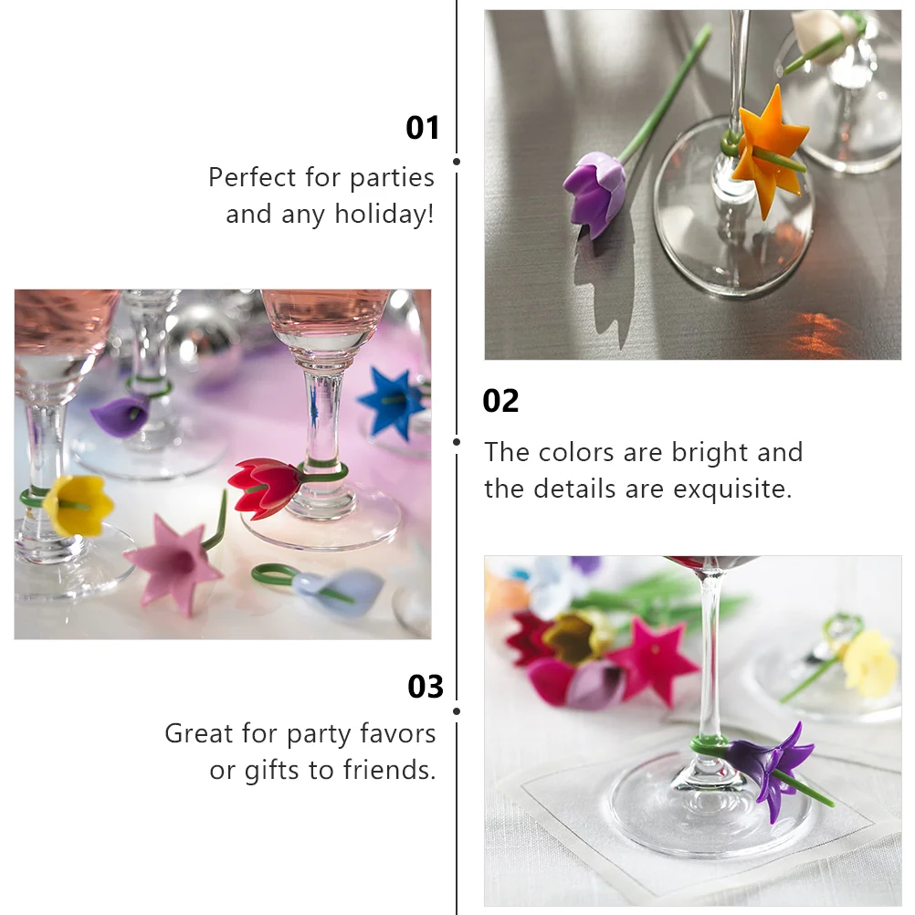 6 Pcs Flower Glass Logo Shape Charms Martini Glasses Drink Tags Stickers Decor Silicone Identifier Cup Markers