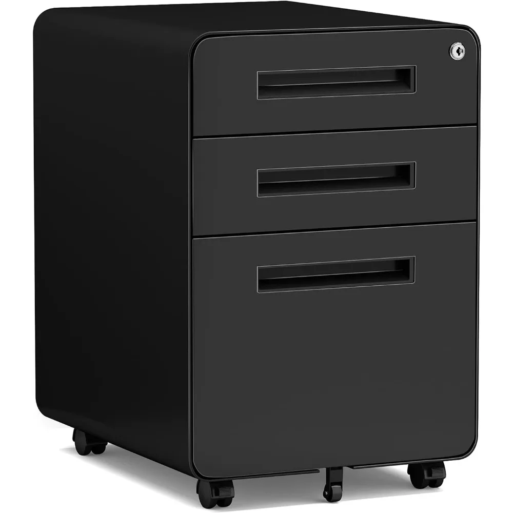 Mobile Filing Cabinet 3 Drawer, Rolling Small File Cabinet with Keys Under Desk, Modern Black Filing Cabinet for Home Office