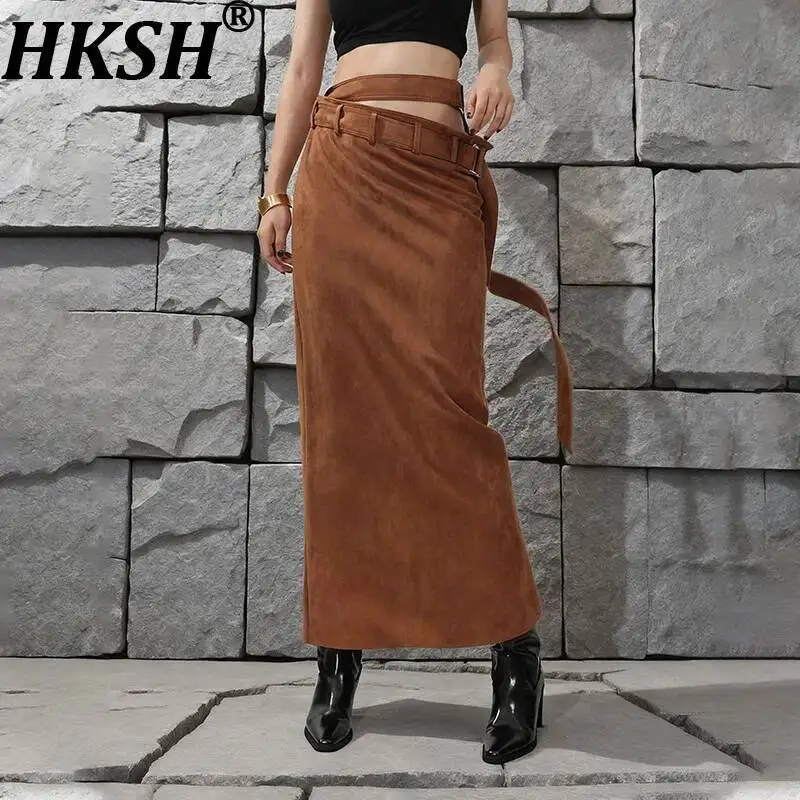 HKSH Women Skirts French Style Elegant Slit Slim Solid Color Sashes Lace-Up Casual Vintage Long Skirt New Spring Summer HK24169