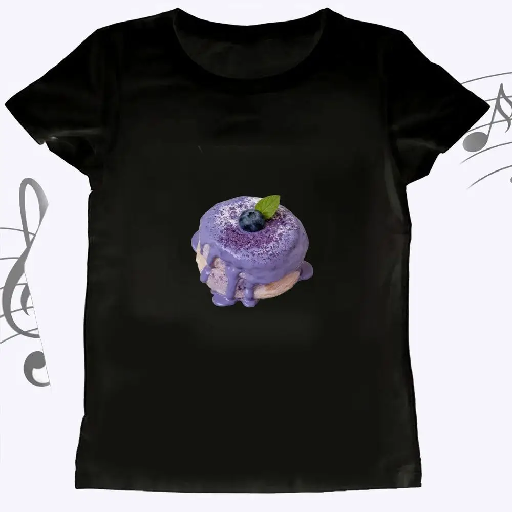 Cute Blueberry Donut Graphic T-Shirt Summer Short Sleeve Sweet Dessert Print Vintage Tops Casual Fashion Women's Oversized Tee