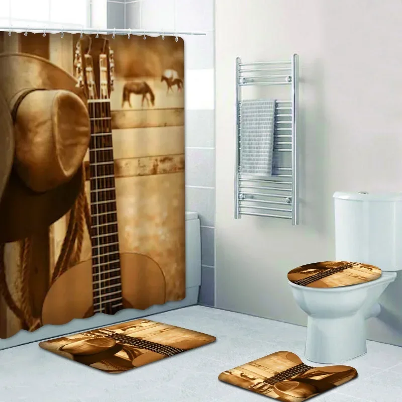 Rustic Western Cowboy Shower Curtain Set American Country Music Bathroom   Bath Mat Rug Carpet Bathtub Accessories